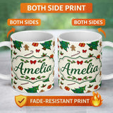 Personalized Custom Name Cute Christmas Trees with Gingerbread Candy Canes and Gifts Seamless 11oz Ceramic Coffee Tea Mug White Large Handle