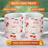 Personalized Custom Name Cute Cherry Fruit with Bow and Sprinkles Seamless Pattern Soft Pink 11oz Ceramic Coffee Tea Mug White Large Handle