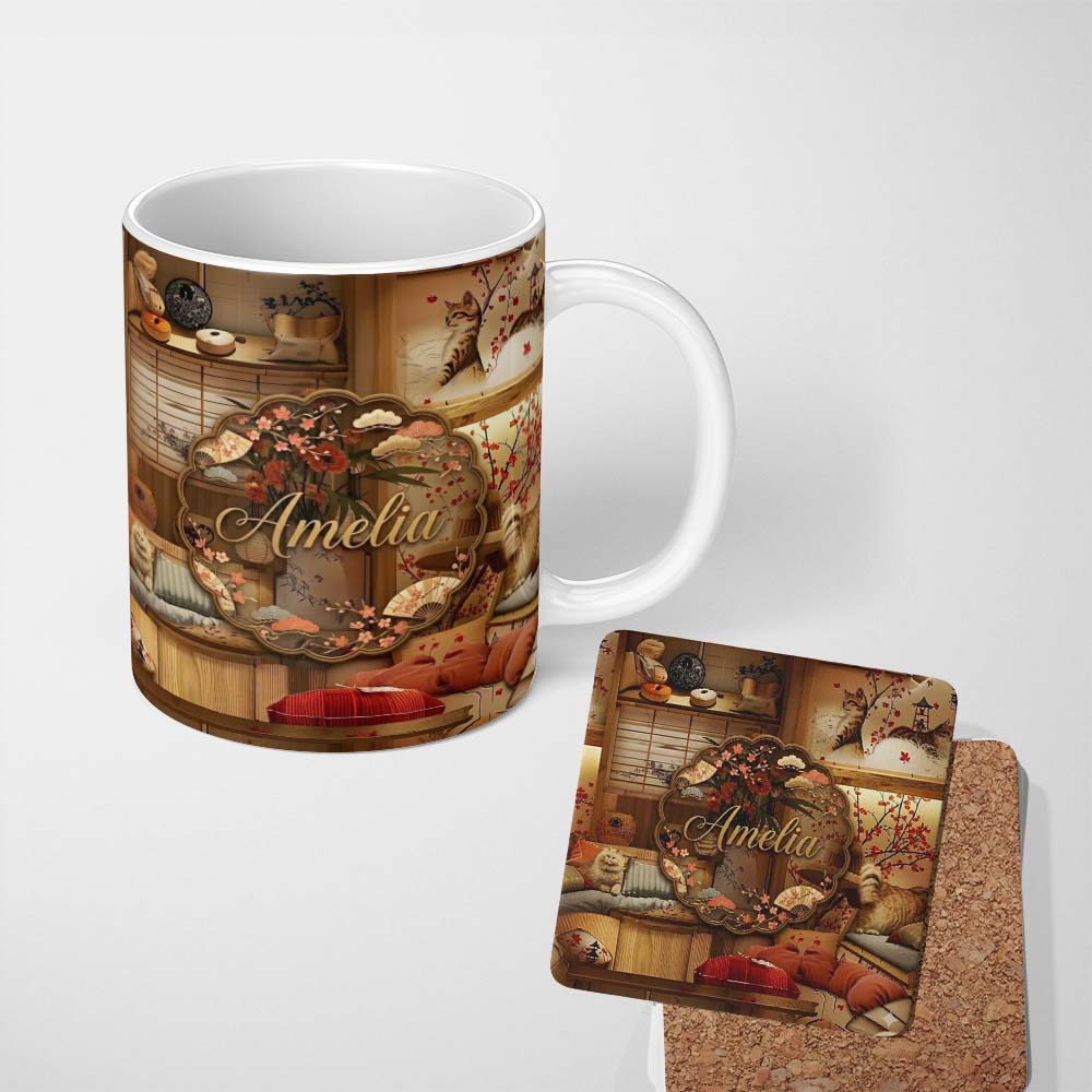 Personalized Custom Name Cozy Japanese Interior with Cats and Cherry Blossoms Pattern Warm 11oz Ceramic Coffee Tea Mug White Large Handle