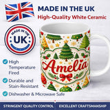 Personalized Custom Name Stylized Christmas Trees with Baubles and Ornaments Cute Seamless 11oz Ceramic Coffee Tea Mug White Large Handle