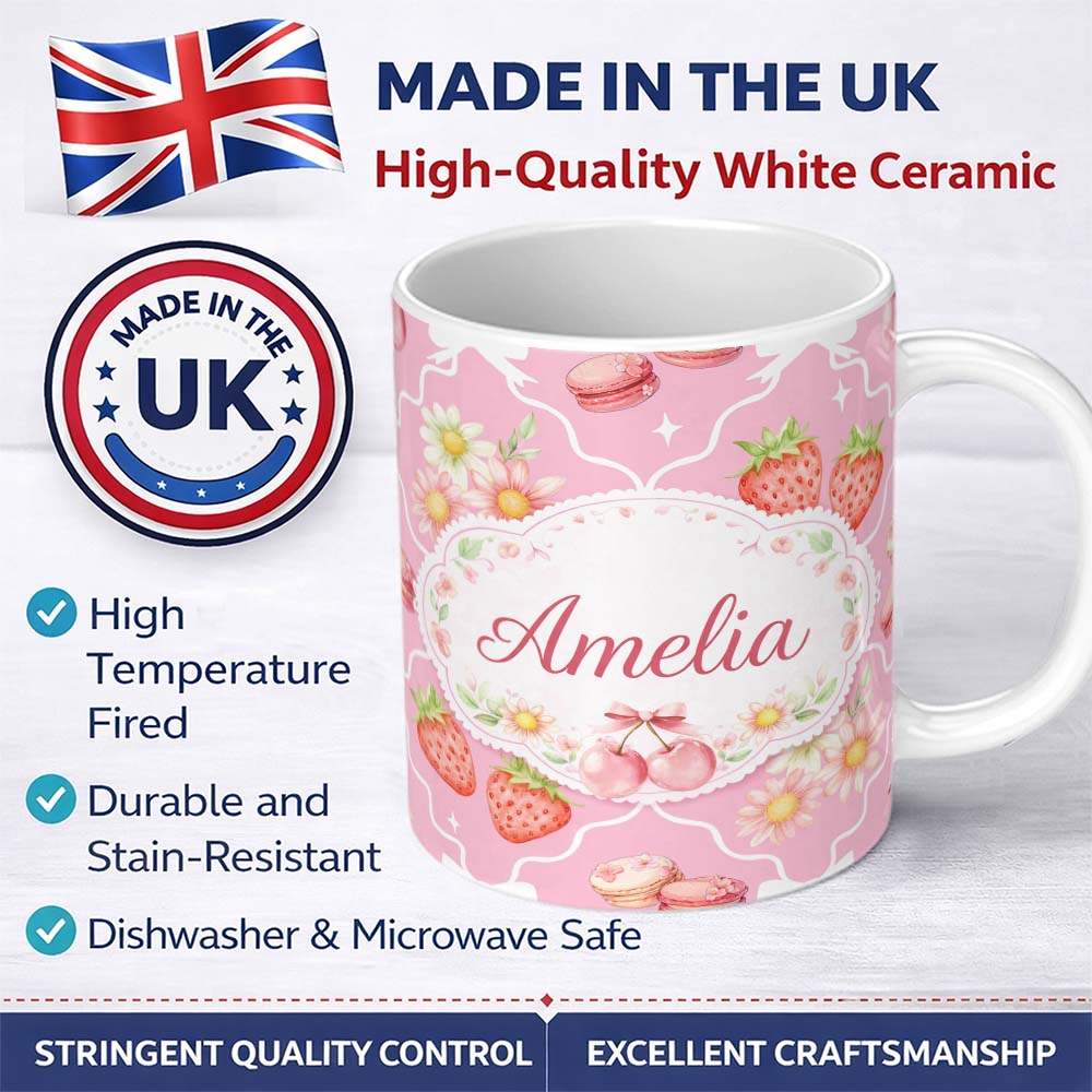 Personalized Custom Name Strawberry Cherry Daisy Seamless Bright Pink Cute Coquette Floral 11oz Ceramic Coffee Tea Mug White Large Handle