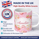 Personalized Custom Name Strawberry Cherry Daisy Seamless Bright Pink Cute Coquette Floral 11oz Ceramic Coffee Tea Mug White Large Handle