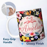 Personalized Custom Name Cute Tropical Hibiscus Flowers Birds of Paradise Bright Floral 11oz Ceramic Coffee Tea Mug White Large Handle