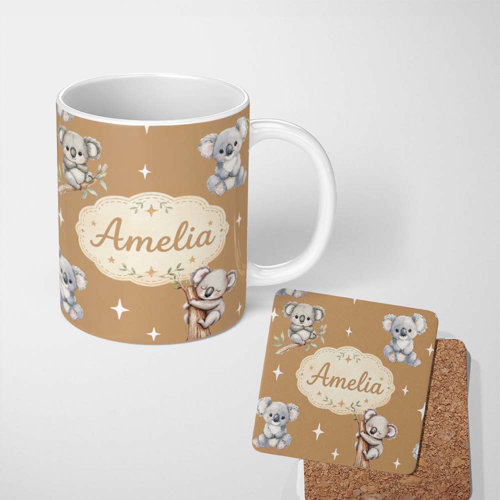 Personalized Custom Name Cute Baby Koala Bears with Stars on Warm Brown Background Seamless 11oz Ceramic Coffee Tea Mug White Large Handle