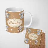 Personalized Custom Name Cute Baby Koala Bears with Stars on Warm Brown Background Seamless 11oz Ceramic Coffee Tea Mug White Large Handle