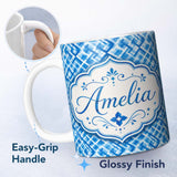 Personalized Custom Name Traditional Red Gingham Check Picnic Seamless Pattern Lovely 11oz Ceramic Coffee Tea Mug White Large Handle