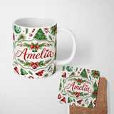 Personalized Custom Name Watercolor Christmas Trees Bells Santa Hats Festive Seamless Pattern 11oz Ceramic Coffee Tea Mug White Large Handle
