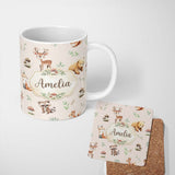Personalized Custom Name Woodland Deer Bear Fox Owl Raccoon Leaves Mushrooms Neutral 11oz Ceramic Coffee Tea Mug White Large Handle