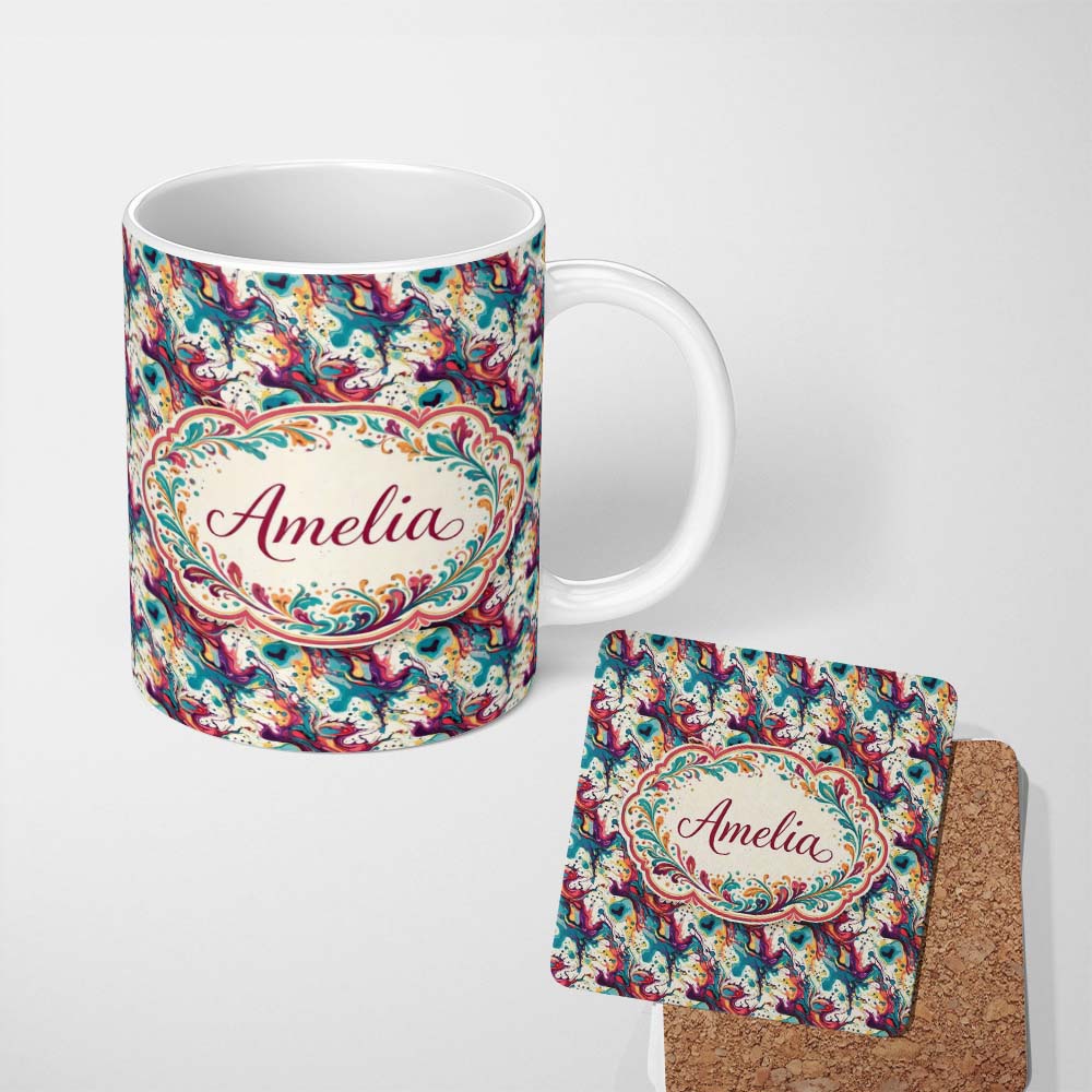 Personalized Custom Name Vibrant Fluid Art Pink Teal Yellow Abstract Pattern Cute Unique Gift 11oz Ceramic Coffee Tea Mug White Large Handle