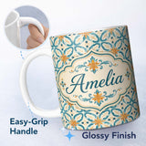 Personalized Custom Name Soft Blue and Yellow Vintage Scroll Tile Pattern with Ornate Floral 11oz Ceramic Coffee Tea Mug White Large Handle