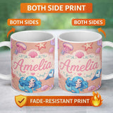 Personalized Custom Name Cute Blue Hair Mermaid Jellyfish Seahorse Peach Background Seamless 11oz Ceramic Coffee Tea Mug White Large Handle