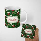 Personalized Custom Name Stocking Candy Cane Tree Poinsettia Seamless Pattern Lovely 11oz Ceramic Coffee Tea Mug White Large Handle