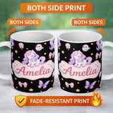Personalized Custom Name Cute Pastel Unicorn Butterfly Candy Stars Black Background Seamless 11oz Ceramic Coffee Tea Mug White Large Handle