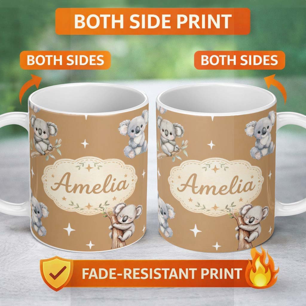 Personalized Custom Name Cute Baby Koala Bears with Stars on Warm Brown Background Seamless 11oz Ceramic Coffee Tea Mug White Large Handle