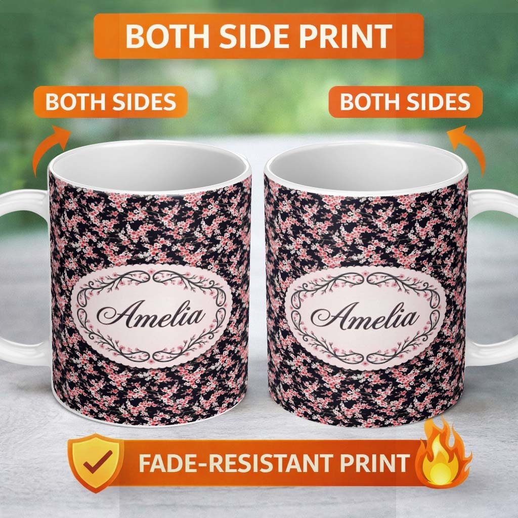 Personalized Custom Name Pink Cherry Blossom Floral Dark Background Seamless Pattern Lovely 11oz Ceramic Coffee Tea Mug White Large Handle