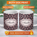 Personalized Custom Name Pink Cherry Blossom Floral Dark Background Seamless Pattern Lovely 11oz Ceramic Coffee Tea Mug White Large Handle