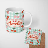 Personalized Custom Name Cherry Fruit Pink Gingham Picnic Check Seamless Pattern Lovely 11oz Ceramic Coffee Tea Mug White Large Handle