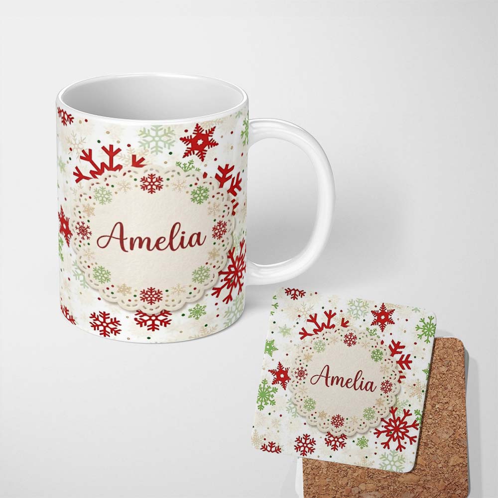 Personalized Custom Name Classic Red Green Snowflake Holiday Seamless Pattern Lovely 11oz Ceramic Coffee Tea Mug White Large Handle