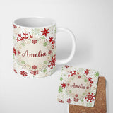 Personalized Custom Name Classic Red Green Snowflake Holiday Seamless Pattern Lovely 11oz Ceramic Coffee Tea Mug White Large Handle