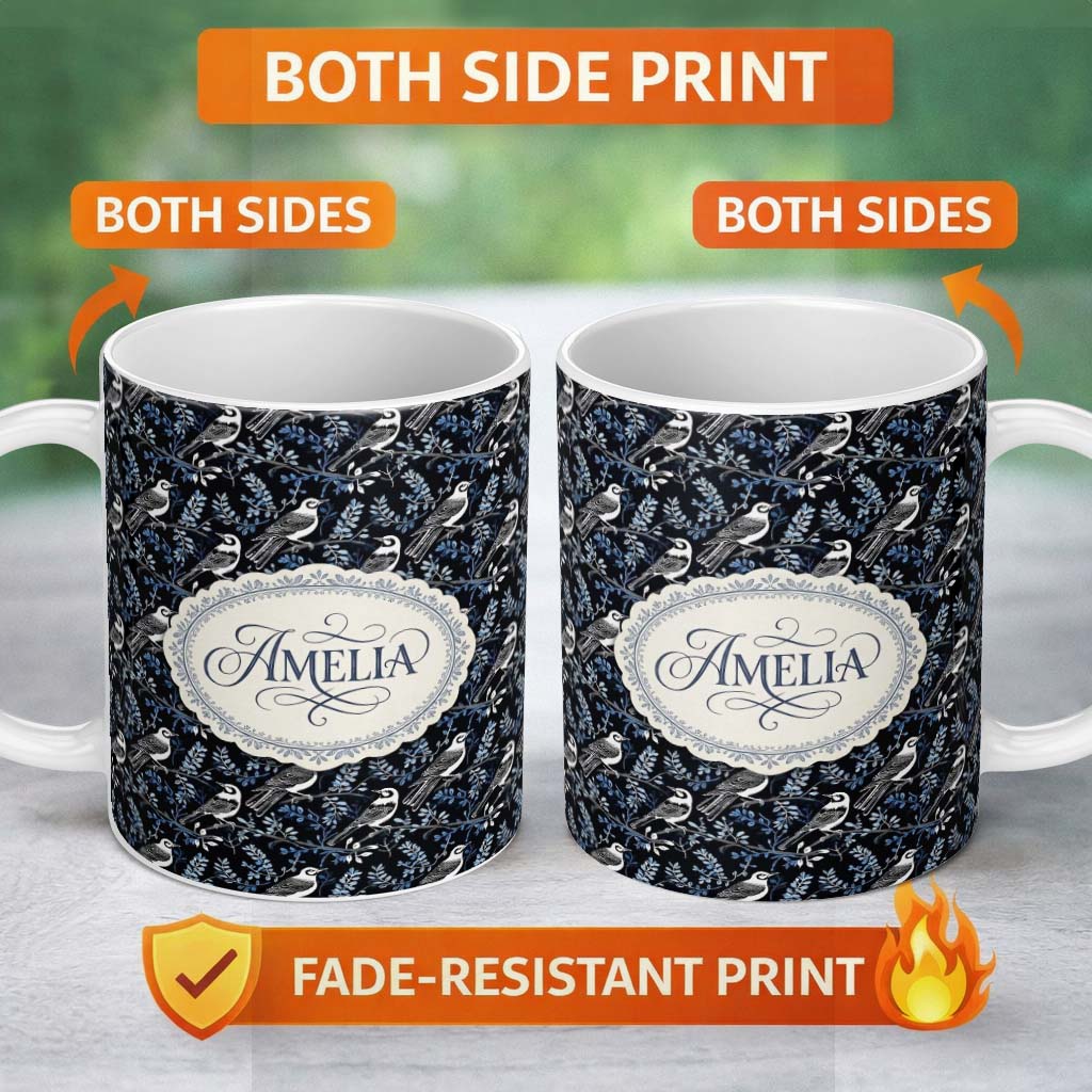 Personalized Custom Name Monochrome Bird Branch Leaf Seamless Pattern Black Blue Elegant 11oz Ceramic Coffee Tea Mug White Large Handle