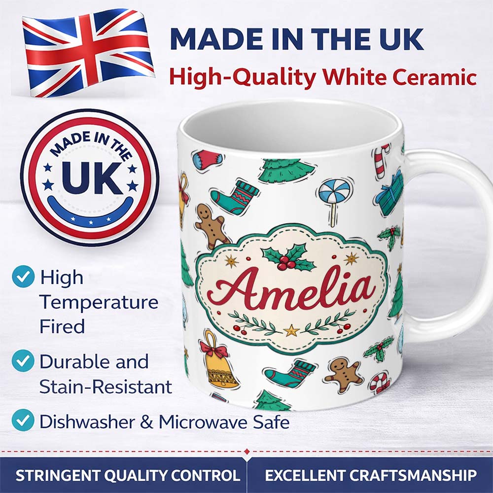 Personalized Custom Name Cute Gingerbread Cookie Ornament Tree Bell Seamless Pattern Lovely 11oz Ceramic Coffee Tea Mug White Large Handle
