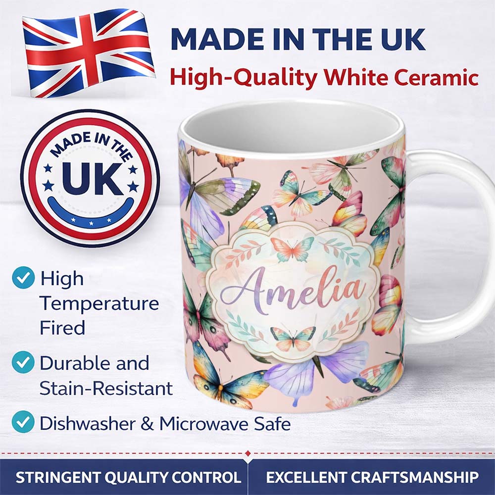 Personalized Custom Name Pastel Watercolor Butterflies Blush Pink Background Seamless Pattern 11oz Ceramic Coffee Tea Mug White Large Handle
