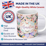 Personalized Custom Name Pastel Watercolor Butterflies Blush Pink Background Seamless Pattern 11oz Ceramic Coffee Tea Mug White Large Handle