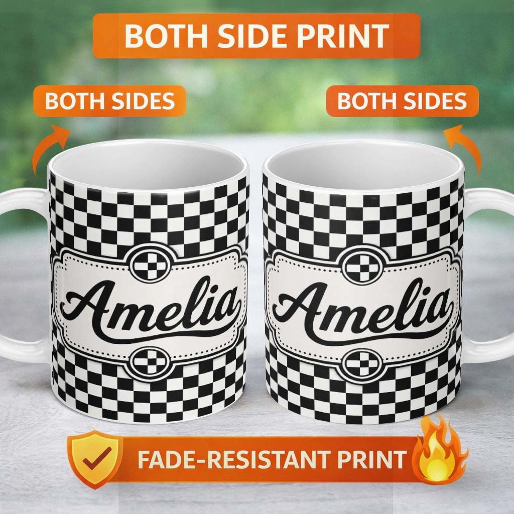 Personalized Custom Name Classic Black White Checkerboard Seamless Pattern Cute Unique Gift 11oz Ceramic Coffee Tea Mug White Large Handle
