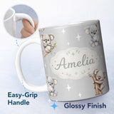 Personalized Custom Name Cute Baby Koala Bears with Stars on Grey Background Seamless Pattern 11oz Ceramic Coffee Tea Mug White Large Handle
