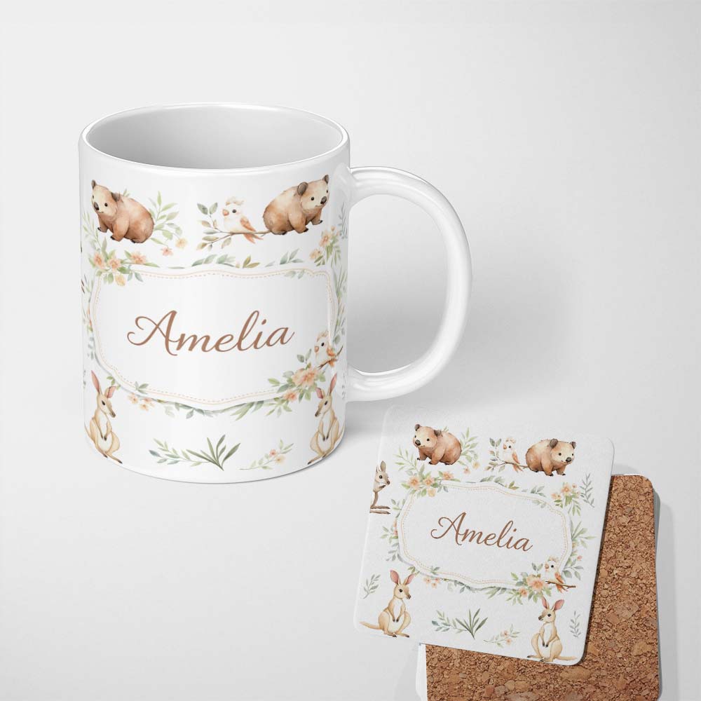 Personalized Custom Name Cute Safari Animals Lion Giraffe Zebra Elephant Pattern Black Lovely 11oz Ceramic Coffee Tea Mug White Large Handle