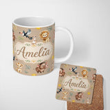 Personalized Custom Name Jungle Animals Lion Meerkat Toucan Boar on Warm Beige Seamless 11oz Ceramic Coffee Tea Mug White Large Handle