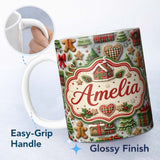 Personalized Custom Name Festive Christmas Gingerbread House Cookies Trees Seamless Pattern 11oz Ceramic Coffee Tea Mug White Large Handle