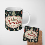 Personalized Custom Name Cute Festive Christmas Trees Snowflake Night Seamless Pattern Lovely 11oz Ceramic Coffee Tea Mug White Large Handle