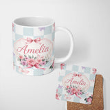 Personalized Custom Name Elegant Watercolor Rose Bouquet Ribbon Butterfly Soft Blue Check 11oz Ceramic Coffee Tea Mug White Large Handle