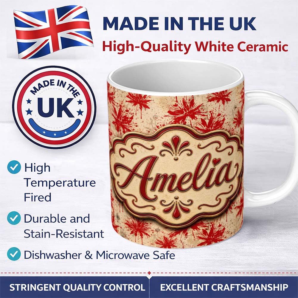 Personalized Custom Name Grunge Red Floral Splash Abstract Seamless Pattern Cute Unique Gift 11oz Ceramic Coffee Tea Mug White Large Handle