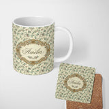 Personalized Custom Name Vintage Botanical Branches with Red Berries Neutral Background 11oz Ceramic Coffee Tea Mug White Large Handle