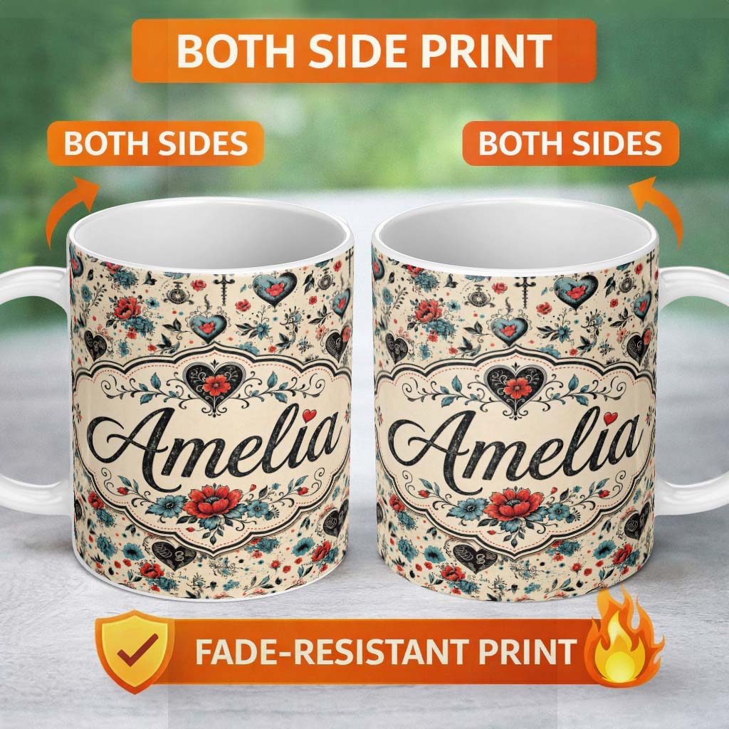 Personalized Custom Name Vintage Floral Heart and Botanical Illustration Seamless Pattern 11oz Ceramic Coffee Tea Mug White Large Handle