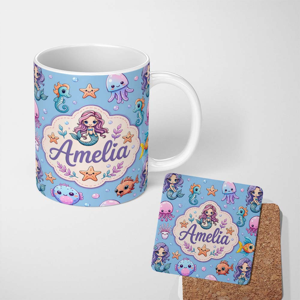 Personalized Custom Name Cute Cartoon Mermaid with Sea Creatures on Blue Background Kids 11oz Ceramic Coffee Tea Mug White Large Handle