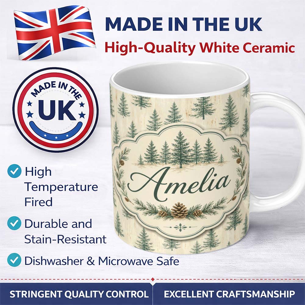 Personalized Custom Name Soft Green Pine Trees Rustic Wash Background Seamless Pattern Lovely 11oz Ceramic Coffee Tea Mug White Large Handle