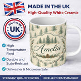 Personalized Custom Name Soft Green Pine Trees Rustic Wash Background Seamless Pattern Lovely 11oz Ceramic Coffee Tea Mug White Large Handle