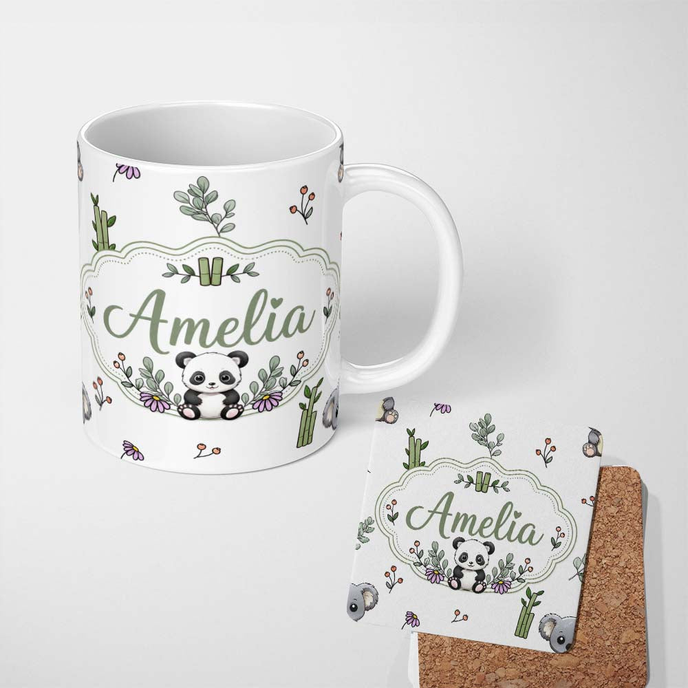 Personalized Custom Name Cute Panda Bamboo and Floral Minimal Seamless Pattern on Clean White 11oz Ceramic Coffee Tea Mug White Large Handle