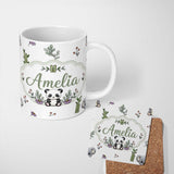 Personalized Custom Name Cute Panda Bamboo and Floral Minimal Seamless Pattern on Clean White 11oz Ceramic Coffee Tea Mug White Large Handle