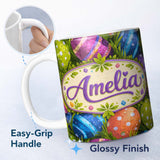 Personalized Custom Name Colourful Easter Eggs with Polka Dots and Stripes on Fresh Grass 11oz Ceramic Coffee Tea Mug White Large Handle