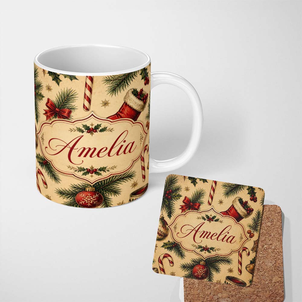 Personalized Custom Name Classic Christmas Stocking Holly Pine Branch Candy Cane Seamless 11oz Ceramic Coffee Tea Mug White Large Handle