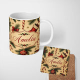 Personalized Custom Name Classic Christmas Stocking Holly Pine Branch Candy Cane Seamless 11oz Ceramic Coffee Tea Mug White Large Handle