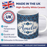 Personalized Custom Name Blue Geometric Wave Abstract Seamless Pattern Design Lovely 11oz Ceramic Coffee Tea Mug White Large Handle