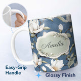 Personalized Custom Name Elegant White Magnolia Flowers on Blue Background Seamless Pattern 11oz Ceramic Coffee Tea Mug White Large Handle