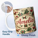 Personalized Custom Name Cute Cartoon Santa Christmas Tree Holly Seamless Pattern Lovely 11oz Ceramic Coffee Tea Mug White Large Handle