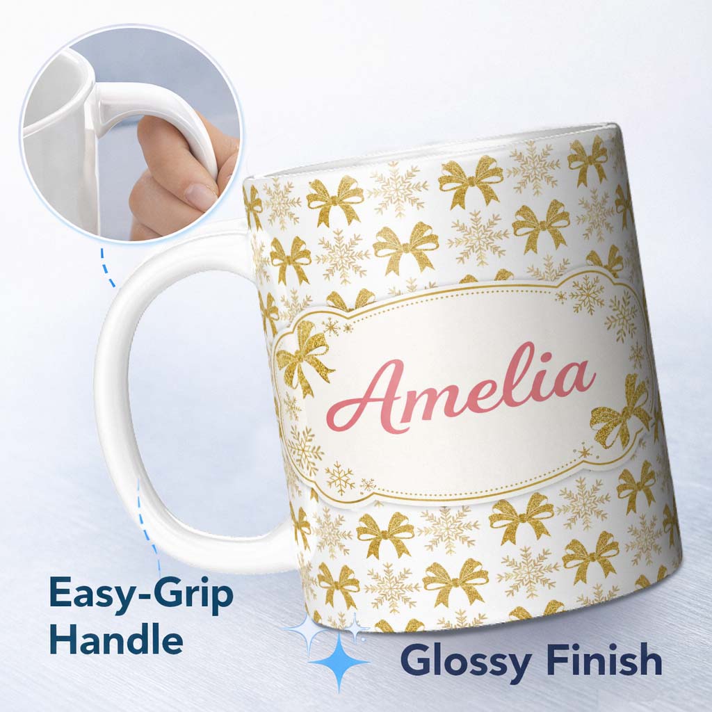 Personalized Custom Name Gold Glitter Snowflake and Bow Christmas Pattern Cute Unique Gift 11oz Ceramic Coffee Tea Mug White Large Handle
