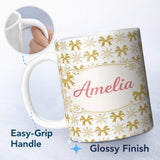 Personalized Custom Name Gold Glitter Snowflake and Bow Christmas Pattern Cute Unique Gift 11oz Ceramic Coffee Tea Mug White Large Handle